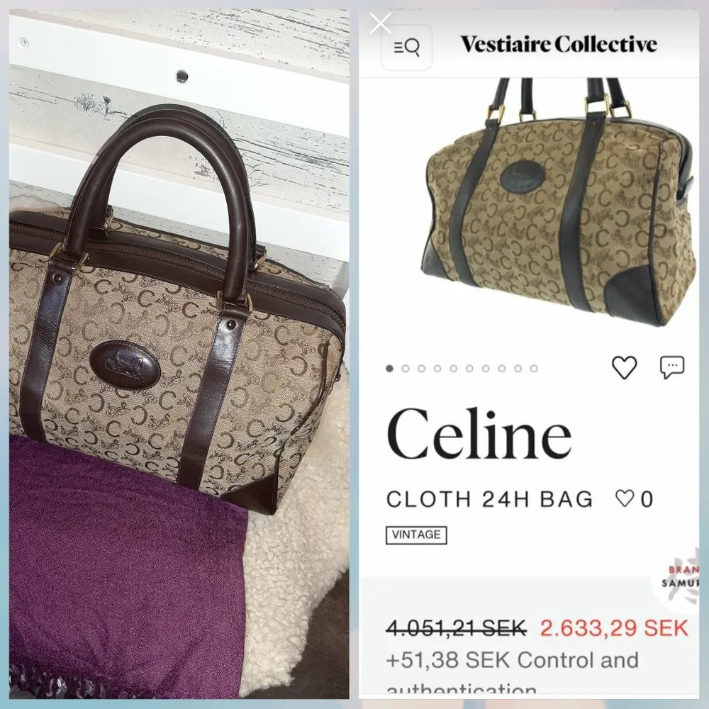 Äkta👜💯% CELINE Vintage, Boston logo brown canvas bag with handles and leather finishes of the same color. Zipper that works perfectly, brown canvas . Accessoarer.