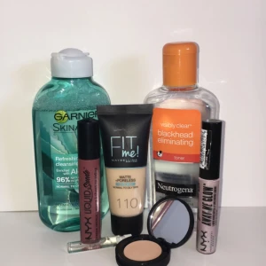  - Garnier SkinActive cleansing toner Aloe Vera, Neutrogena visibly clear blackhhead eliminating toner, NYX Liquid Suede matte cream lipstick 04 (Soft Spoken), Maybelline FITme! matte+poreless liquid foundation 110 (porcelain), NYX AwayWeGlow liquid highlighter 02 (State Of Flux), KIKO Milano full coverage concealer 01, Dolce&Gabbana Light Blue eau de toilette 🌷 endast provat