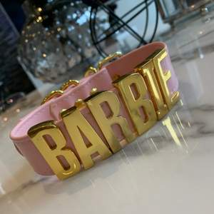 Barbie choker, helt oanvänd med guldiga bokstäver och ljusrosa pu läderband. Passar den flesta skulle jag tro då det finns olika storlekar man kan spänna åt på baksidan. Kan skickas eller mötas upp i Kungsbacka!