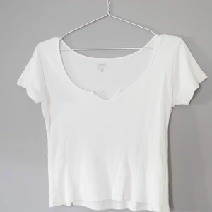  - Vit t-shirt med v-detalj • Brandy Melville • Aldrig använd • Stog onesize men skulle gissa efter att ha provat den att det är strl XS/S 