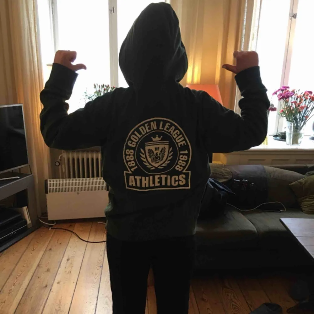 Grön tjocktröja med huva och tryck på ryggen. Gott skick. Möts i innerstan/köparen står för frakt.. Hoodies.