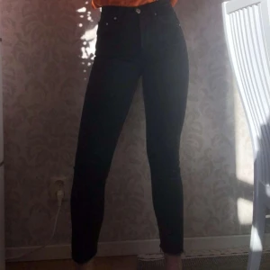 Svarta jeans strl 36 - Fina jeans från Gina tricot. De är lite stretchiga i materialet och ganska highwaisted. Använda men i bra skick. Färgen är mer washed black än vad bilderna visar, färgen visas ganska bra på bild 2. En söm är lite sliten, kan skicka en närmare bild på det vid intresse. Innerbenslängden är ca 70 cm. Köparen står för frakt✨