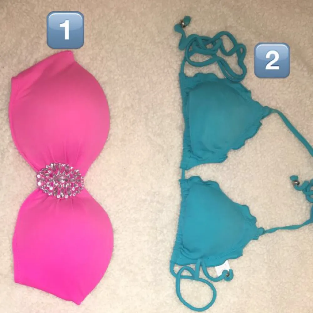 Bikini överdelar 👙 1️⃣-köpt utomlands, strl S. 2️⃣-från Nelly strl XS. 3️⃣-från Gina tricot strl XS 4: från hm strl 36.. Toppar.