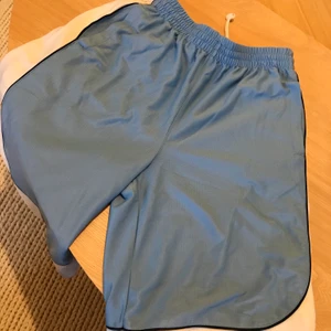 Vändbara basketshorts - Vändbara basketshorts, de går precis nedanför knät men är tyvärr för små för mig (därav ingen bild på). Ena sidan är ljusblå och andra vit. Märket på den vita sidan är lite slitet och de är aningens missfärgade i linningen på den vita sidan. Frakt 57kr.