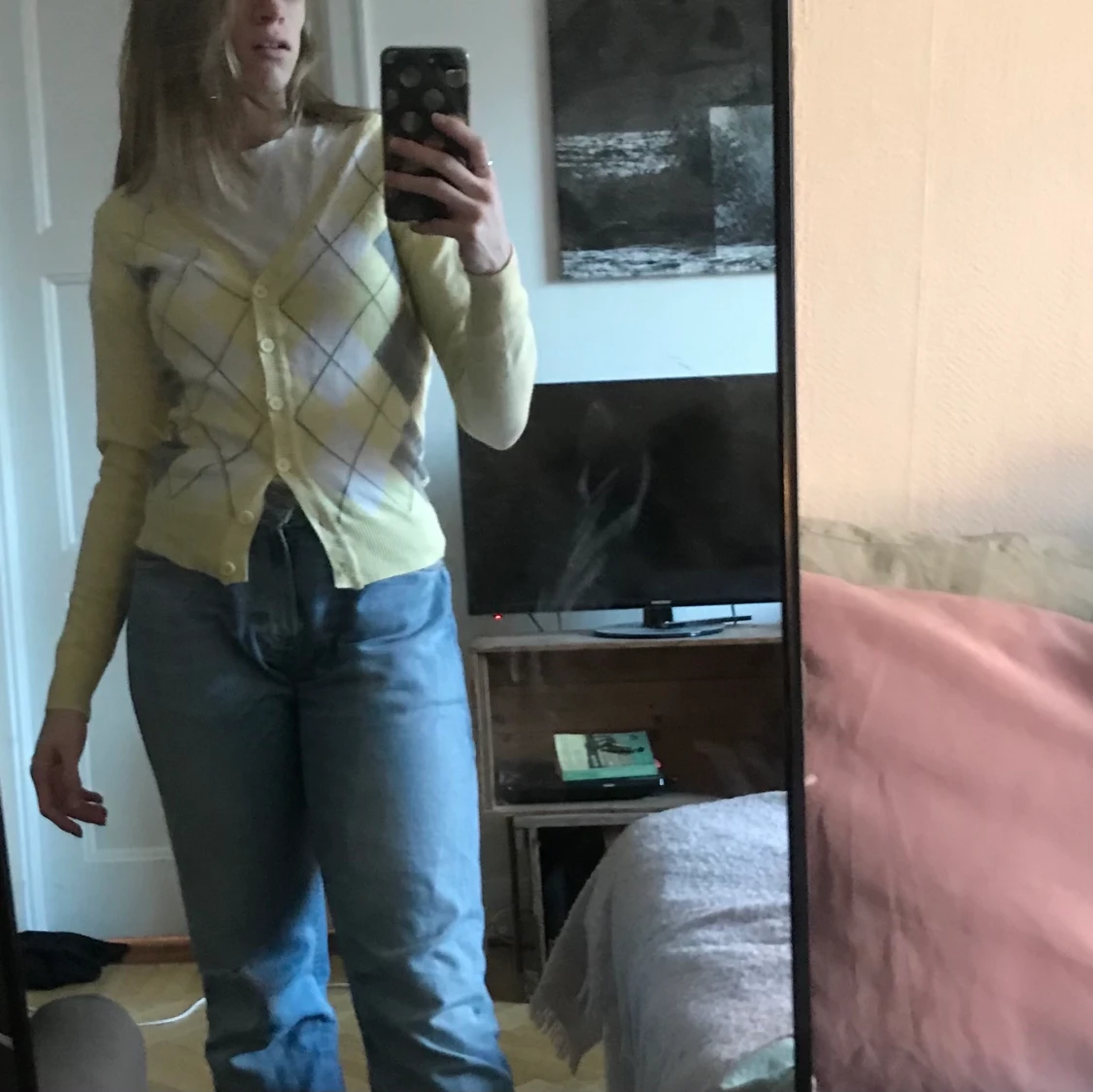 Ljusgul cardigan med argyle-mönster - 90