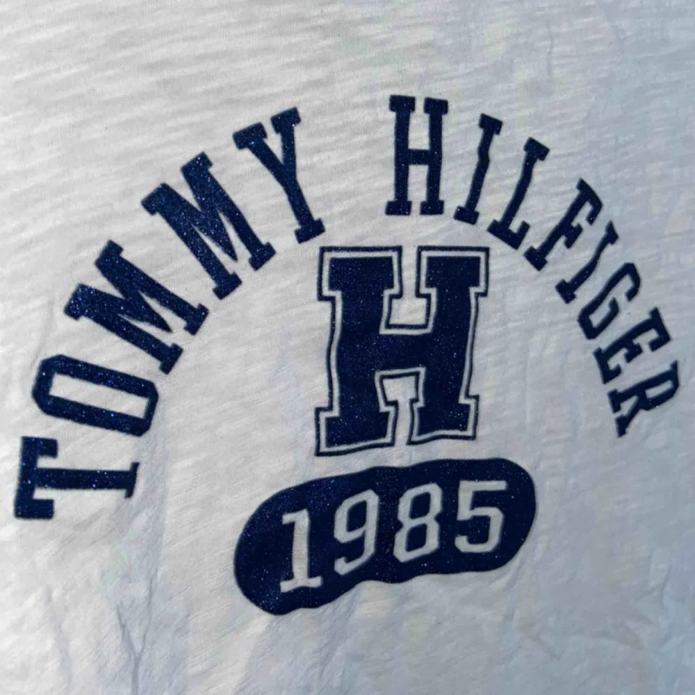 Vit Tommy Hilfiger t-shirt med blått tryck på bröstet. Denna är aldrig använd och köpt i höstas. Superfin och bra till sommaren.. T-shirts.