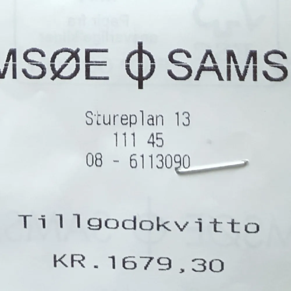 Tillgodokvitto från Samsoe and Samsoe  butik i Östermalm för 1679.3 SEK, säljs nu för 1300:-. Övrigt.
