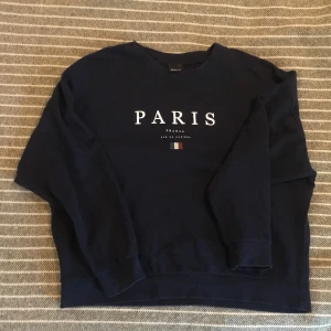 Sweatshirt, marinblå (Paris), strl L - Sweatshirt köpt på Gina tricot för ungefär 3 år sedan, väl använd, bra passform och mycket bra skick, inte nopprig. Marinblå med tryck lite blekt vid sömmar och mudden. 