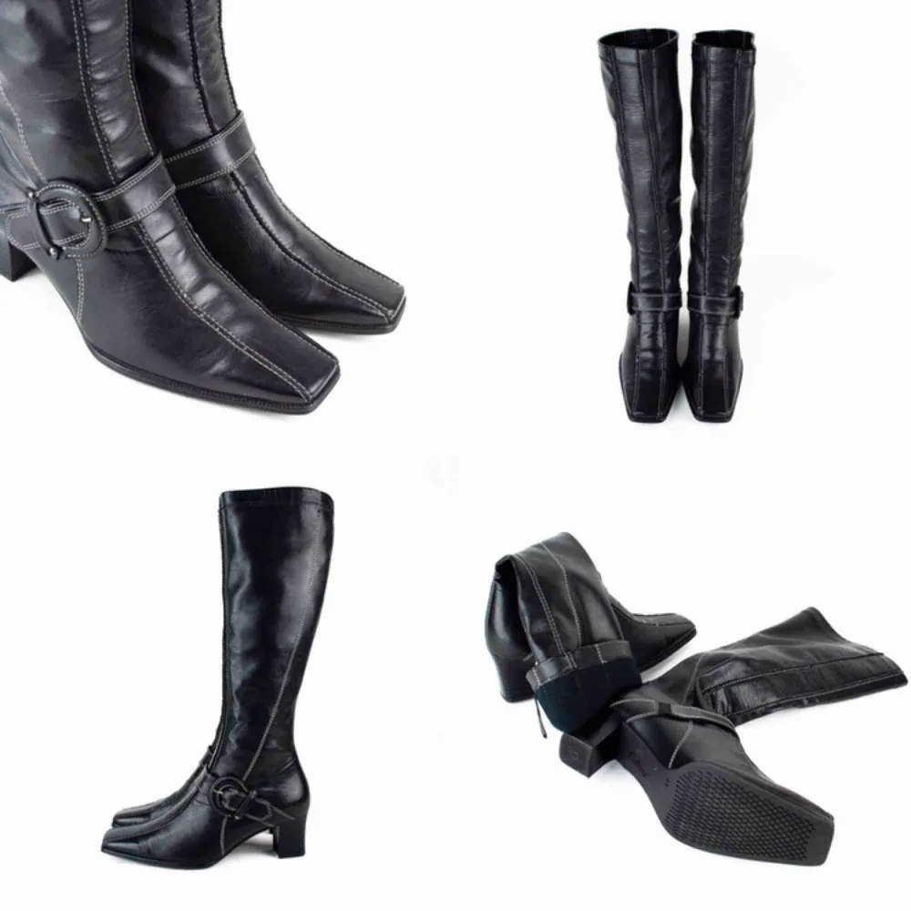 Vintage 90s 00s Y2K faux leather block heel square toe knee high boots in black Label: 37.5, feels like true to size, might fit size 37, judged by a person with size 38 Price is final! Free shipping! Ask for the full description! No returns!. Skor.