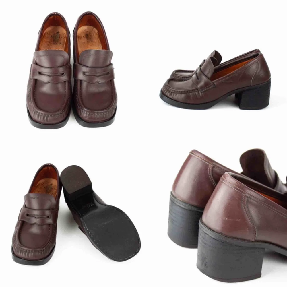 Vintage 90s leather chunky heel square toe loafers shoes in deep burgundy Some marks on the lining Label: 8 (American 39), feels like 38.5-small 39. Judged by a person with size 38 Free shipping! Ask for the full description! No returns!. Skor.