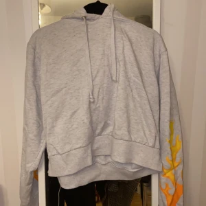Hoodie med eldsflammor - En grå hoodie med eldflammor på båda ärmarna. Är liten i storleken. Använd men är i bra skick. Frakt ingår