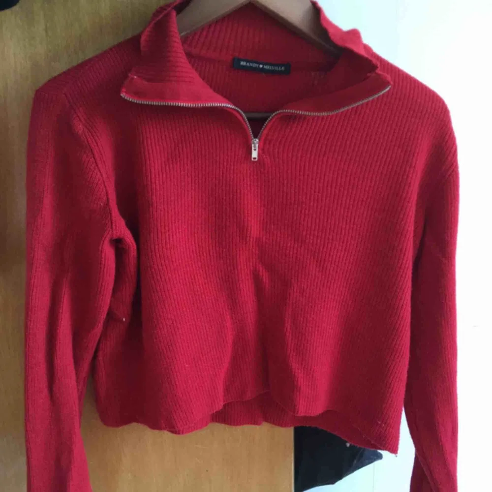 Röd tröja från brandy Melville med silvrig dragkedja. Köpt för ett år sedan men använt Max 4 gånger. Kan mötas upp i Sthlm annars står köparen för kostnad av frakt. . Hoodies.
