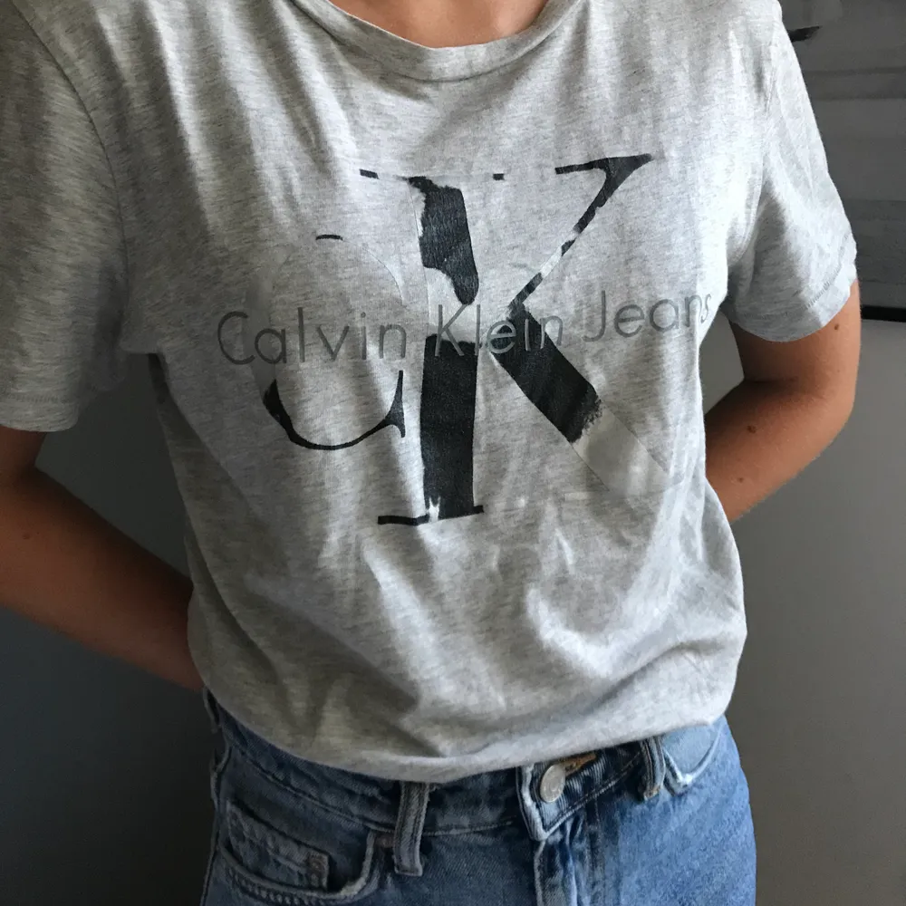 Grå t-shirt med silver/svart tryck från Calvin Klein. Storlek S. Fint skick. . T-shirts.