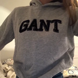 Gant hoodie - Grå hoodie med blå gant tryck och luva, sparsamt använd inget som syns och inte nopprig. Hittar inte stoleken men skulle säga xs-kanske s. Köpt för runt 500kr, buda om fler är intresserade! Hör av dig om du undrar över något💞 Priset kan diskuteras!