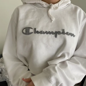 Vintage Champion cropped Hoodie - Detta är en vintage champion Hoodie som är cropped. Du står för frakt och betalning sker innan avsändning. Tjejen på bilden som när tröjan  och har i vanliga fall storlek s/ m på hoodies. Men den funkar även för större storlekar då den är väldigt oversized