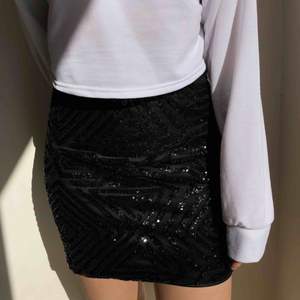 Paljett kjol, använd 1 gång, fint skick!💕 helt vanligt svart tyg på baksidan😘