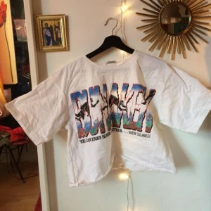  - Croppad vit t-shirt med najs tryck på, oklart vad det står dock. 