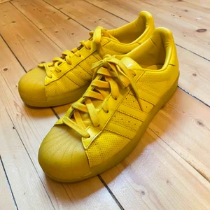  - Skitsnygga gula adidasskor i modellen superstar. Tyvärr försmå för mig. Använda max 5 gånger så inga slitningar eller liknande. Frakt tillkommer, kan mötas upp