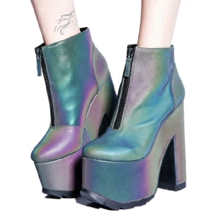  - YRU Nightmare reflective boots, Materials: Vegan Leather Upper, Rubber Sole; 3" platform. SIZE: US 10; UK 8. I'm a size 40 and they fit perfectly.