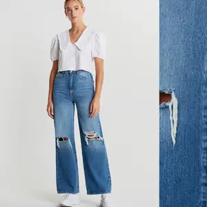 Helt nya (prislapp kvar) raka vida jeans med slitning på knäna. Jeansen är slutsålda på Gina tricots hemsida. Om flera är intresserade är det budning som gäller. Storleken motsvarar en xs.