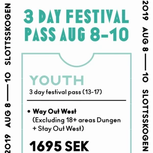  - Säljer way out west biljett för att jag inte längre har möjlighet att fara själv!!  Way out West youthpass 3dagars för 8-10 augusti i Göteborg 1550kr (ordinarie pris 1695kr). Kontakta så snabbt du kan så kan vi diskutera pris!! Prutbart pris!!!!!!!!!!