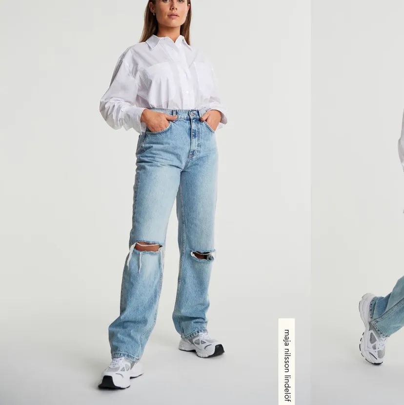 Säljer dessa jeans från Maja Nilsson Lindelöf kollektion med Gina!!! Super snygga och super sköna, aldrig använda då som inte passade🥺💗 storlek är 38 men tror den passar en 36 gott och väl. Jeans & Byxor.