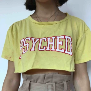 - Ursnygg croppad T-shirt från hm. Texten lyder ”psyched”. Lite färg på ena ärmen som syns på första bilden. Där av priset. 