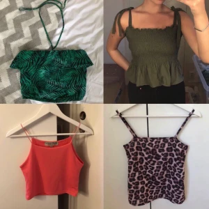 Linnen - Grönt mönstrat linne- XS, grönt linne med knytdetaljer på axlarna- M, rosa croptop- S/M (sitter tight på mig som har S), leopardlinne- S. 15kr/styck eller alla för 40kr då jag vill bli av med allt snabbt.  Köparen står för frakt/ kan hämtas i Upplands Väsby. 
