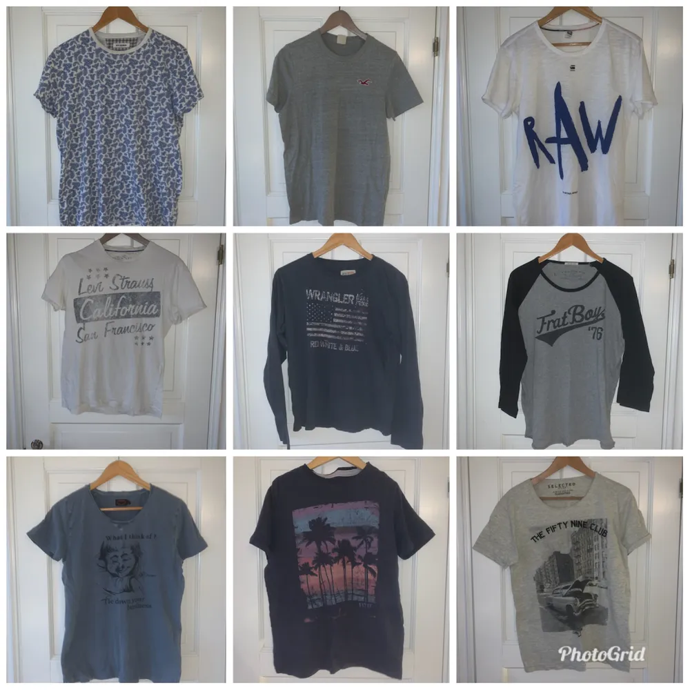 Diverse T-shirts i märkena som Levis, G-drar, Replay mm. De är i storlek small/medium(herr). Paketpris 500kr+frakt. T-shirts.