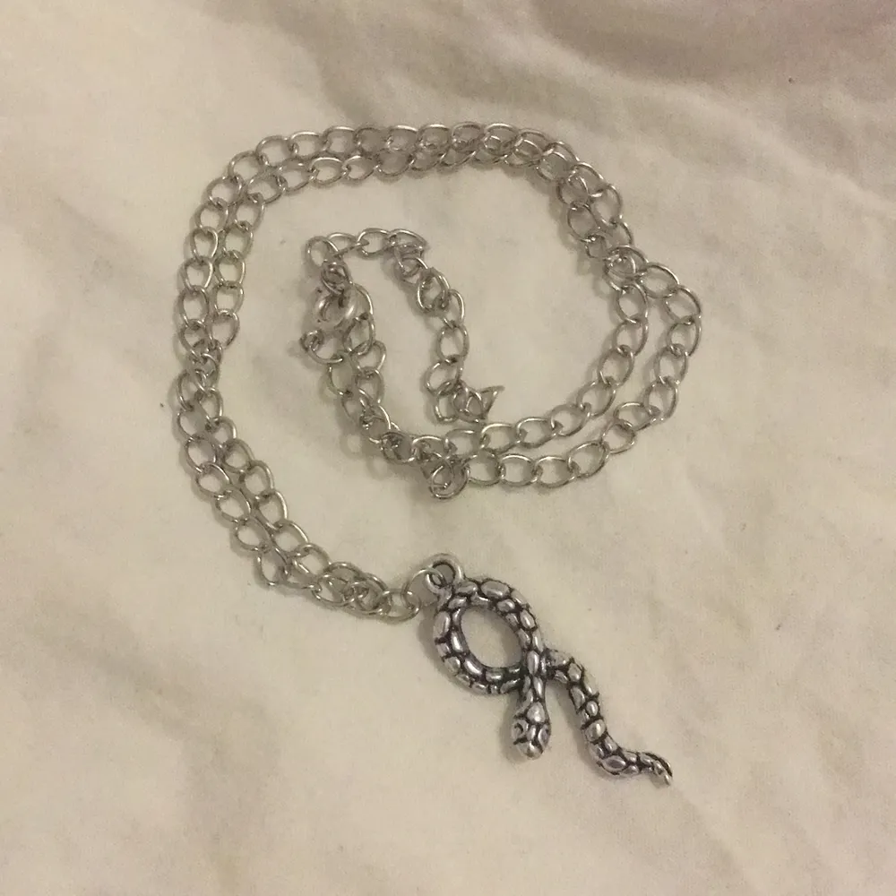 Halsband med orm, det är INTE äkta silver. Frakt på 12 kr tillkommer. Vill han ha en bild hur det ser ut på så kan det ordnas. 💕. Accessoarer.