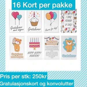 Bursdagskort  - Det er 16stk kort per pakke. 1 pakke koster 250kr
