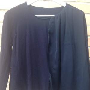 Mörkblå stickad tröja från COS med halva framsidan i silkigt material. Lite tight i ärmarna men kan nog användas som S eller M. Går att handtvätta. 100% merinoull och 100% polyester. Fint skick!