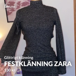 Zara festklänning  - 🌸 använd 2 gånger - från Zara  🌸 öppen i ryggen och polokrage, mjukt tyg med glitter- fin passform.   Kan hämtas i Nacka/Saltsjöqvarn. Kan även levereras eller skickas för en summa🛍