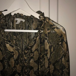 Tunn blus i ormmönster  - Tunn blus i ormmöster från h&m. Aldrig använd, storlek 34. Resår längst ner i ärmarna och lite volang i kragen, samt snören fram så man kan knyta ihop blusen i halsen. 