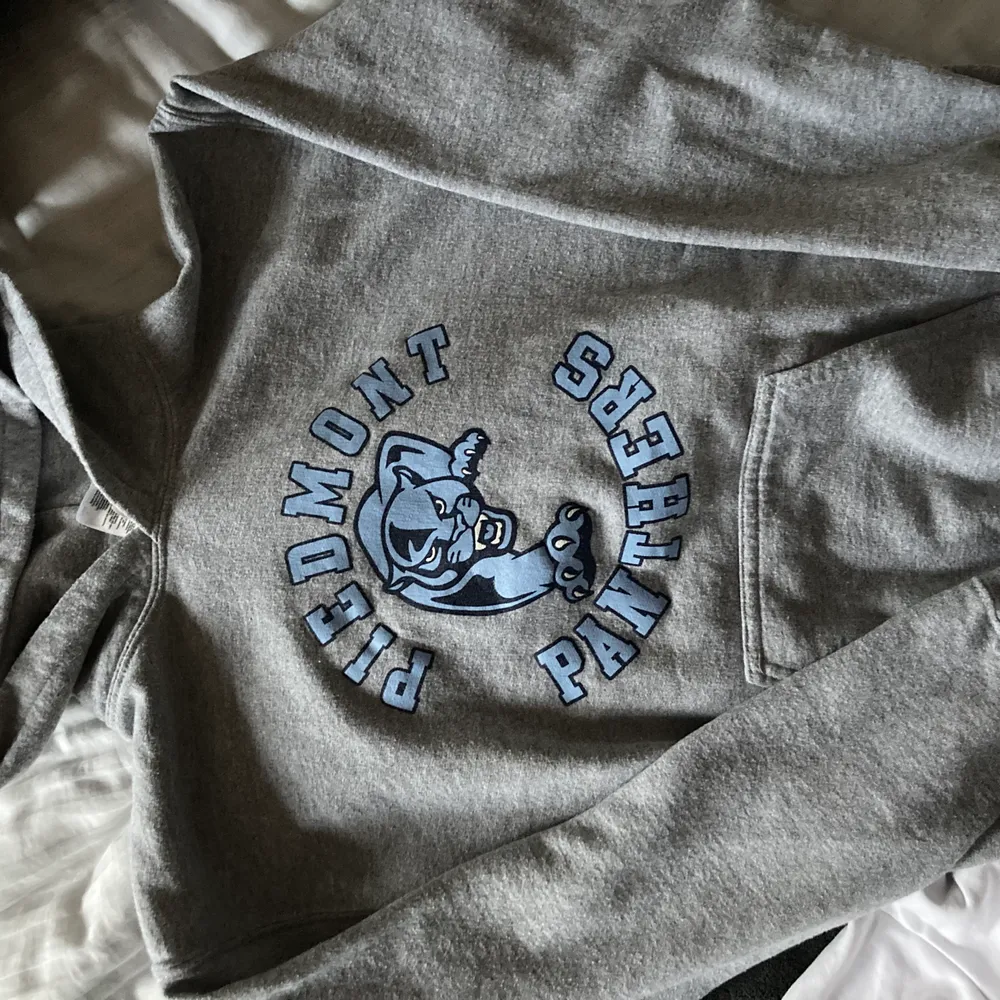 Ljusgrå jättefin hoodie med blått tryck, skriv för mer info!. Hoodies.