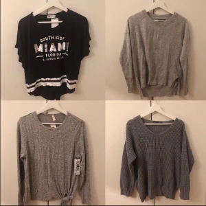 Tröjor - Uppe vänster- barnstorlek 158/164, uppe höger-S, nere vänster- M, nere höger- XS/S (oversize passar upp till L skulle jag tro). 10kr/styck då jag vill bli av med allt snabbt. Köparen står för frakt/ kan hämtas i Upplands Väsby. 