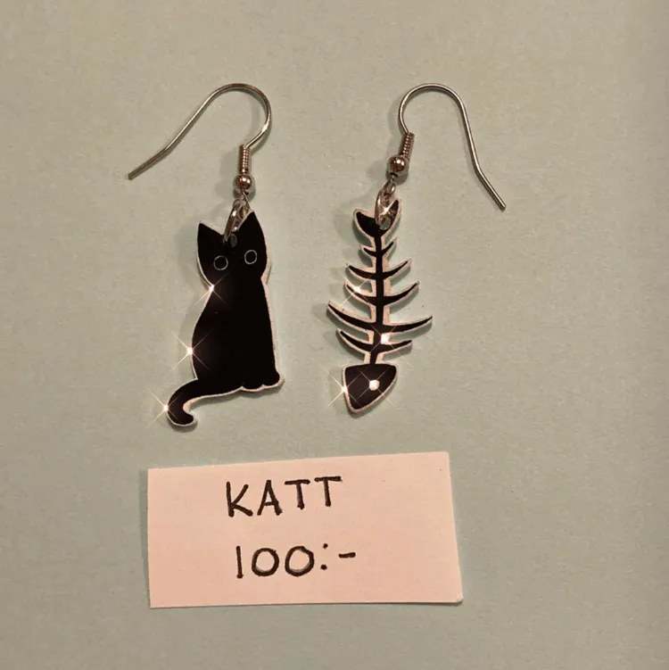 Handgjorda örhängen med matchande motiv av en katt och en fett död fisk🐟. Accessoarer.