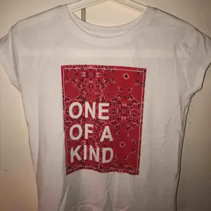 Suuupersnygg  vit T-shirt med rött ”bandana” tryck fram och texten ”one of a kind” den är i barnstorlek 134/140 men jag ligger på gränsen till att inte kunna ha den nu. Jag är 16.  Tycker den är så cool och matchar till mycket.