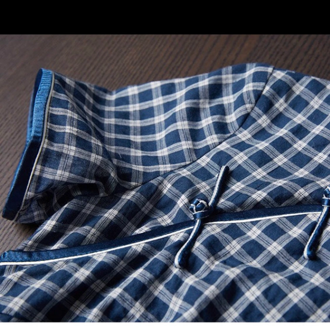Blue plaid cotton Chinese dress - 91