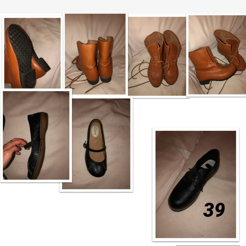 Fem par vintage skor som är HANDGJORDA och gjorda i SVERIGE. Alla är storlek 36 förutom på sista bilden där ett par svarta finskor är markerade med strl 39. Dm för fler bilder. Pris kan diskuteras !!!!! Alla skor är unisex.. Skor.