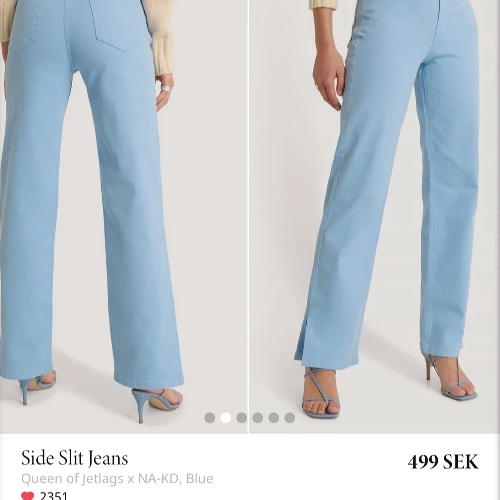 Skitsnygga och sköna blåa / Turkosa jeans från NA-KD med slits nere vid benet. Använda ca.3 gånger så är i mycket bra skick. Jag är 170 lång och dom är bra längd på mig men måste sälja pga. för små.          Möts i stockholm eller fraktar (fraktkostnad tillkommer) ❣️❣️. Jeans & Byxor.