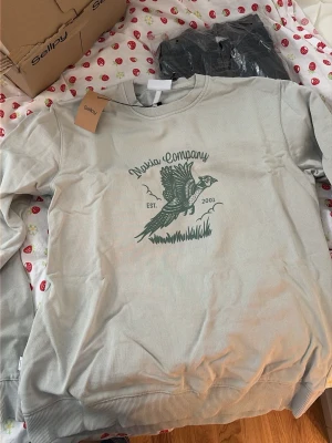 Ljusgrön sweatshirt med fågeltryck - Ljusgrå sweatshirt med rund hals och ribbade muddar. På bröstet finns ett grönt tryck med texten 'Nastia Company' och en fågel i flykt, samt 'EST. 2001'. Tröjan är i mjukt material och har en avslappnad passform.