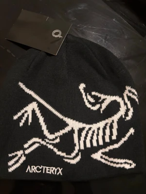 Svart mössa från Arc'teryx - Säljer en svart mössa från Arc'teryx med ett stort vitt skelettmönster och broderad logga framtill. Aldrig använt då den inte är min stil längre. Säljs inte i butik längre