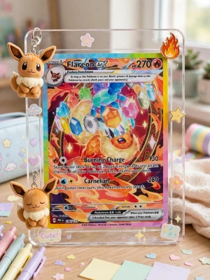 Pokémon Flareon ex proxy kort - Säljer ett färgglatt Pokémon proxykort med Flareon ex-motiv. Kortet har en holografisk yta med starka färger och coola effekter. Perfekt för dig som samlar eller spelar Pokémon TCG och vill ha ett snyggt kort i leken. Obs-  Ingen frame bara kortet.