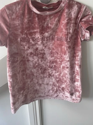 Rosa sammetst-shirt med text - Säljer en mjuk och glansig rosa t-shirt i sammet med texten 'HOLD THE BEST MEMORIES' broderad framtill. T-shirten har korta ärmar och en avslappnad passform. Perfekt för dig som gillar unika material och coola detaljer.