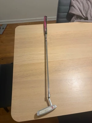 Golfputter - Säljer en golfputter med silverfärgat skaft och vitt klubbhuvud. Greppet är rosa och svart med ett mönster. Perfekt för dig som vill förbättra ditt närspel på greenen. Klubbhuvudet har en klassisk form och tydliga markeringar.