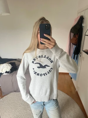 Grå sweatshirt från Hollister - Snygg grå sweatshirt från Hollister med stor logga och texten 'California' framtill. Tröjan har rund halsringning, långa ärmar och ribbade muddar. Perfekt för en avslappnad och trendig look.