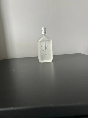 CK One parfymflaska - Minimalistisk parfymflaska från Calvin Klein, CK One. Flaskan är frostad och genomskinlig med silverfärgad spraykork och enkel design. Passar dig som gillar fräscha och lätta dofter. Perfekt att ha på hyllan eller i väskan.