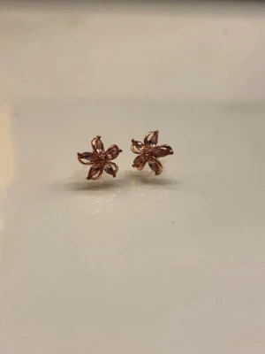 Roséguld blommiga örhängen - Snygga örhängen i roséguld med blomformad design och fem kronblad. De är små och stilrena, perfekta för dig som gillar subtila men unika accessoarer. Materialet ser ut att vara metall med en glansig finish. Passar till alla tillfällen när du vill addera lite extra till din look.