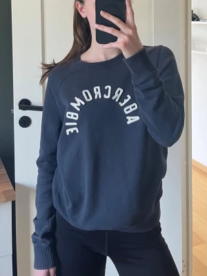 Mörkblå Abercrombie sweatshirt - Mörkblå sweatshirt från Abercrombie med vit broderad logga i båge över bröstet. Tröjan har rund halsringning, ribbade muddar och är tillverkad i mjukt bomullsmaterial. Perfekt för en avslappnad och stilren look.